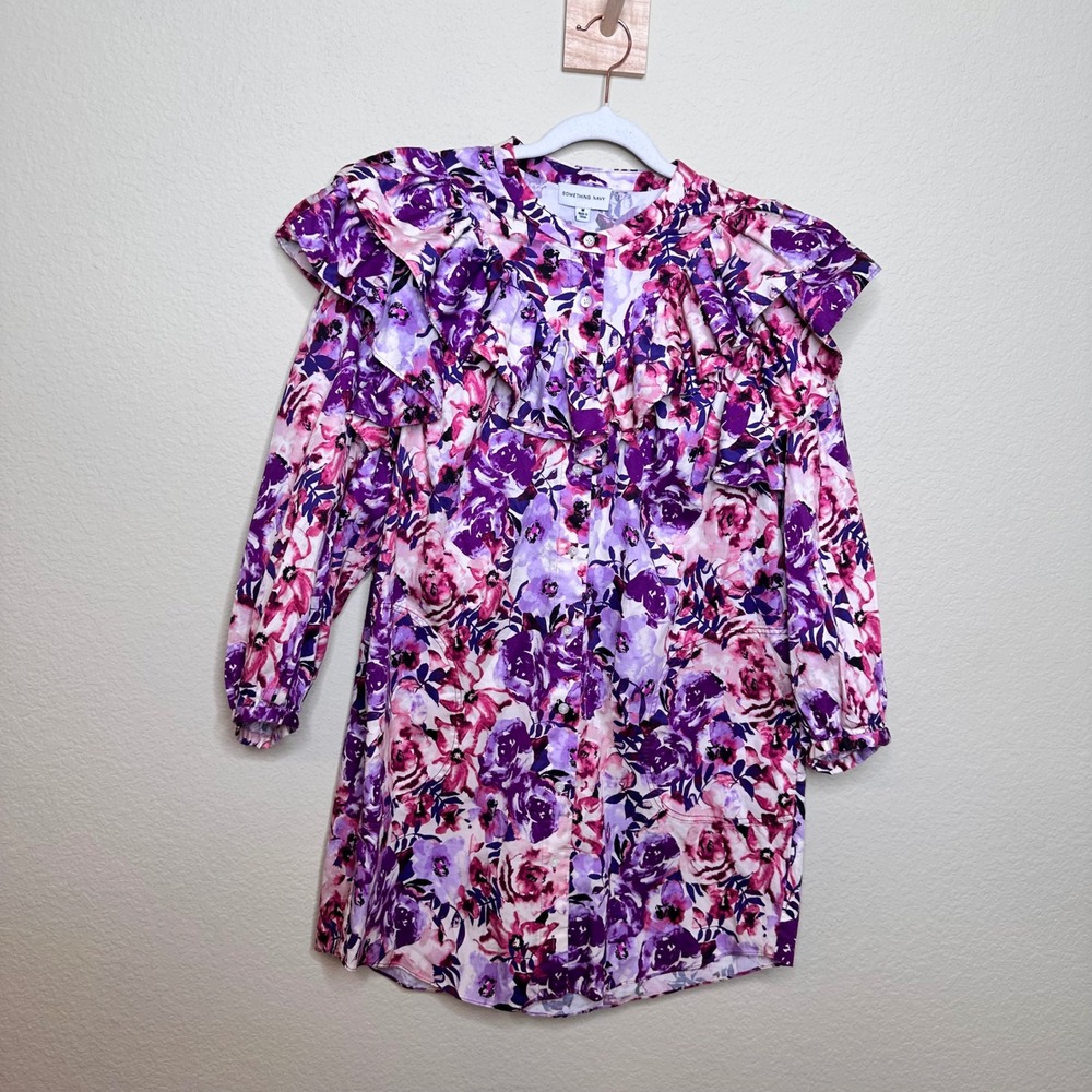 Something Navy Purple Floral Ruffle Shift Button Mini Dress Long Sleeve Womens M